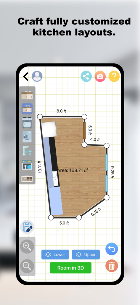 Plan d'étage de cuisine 2D avec des mesures et des outils de conception dans l'application ARKitchen
