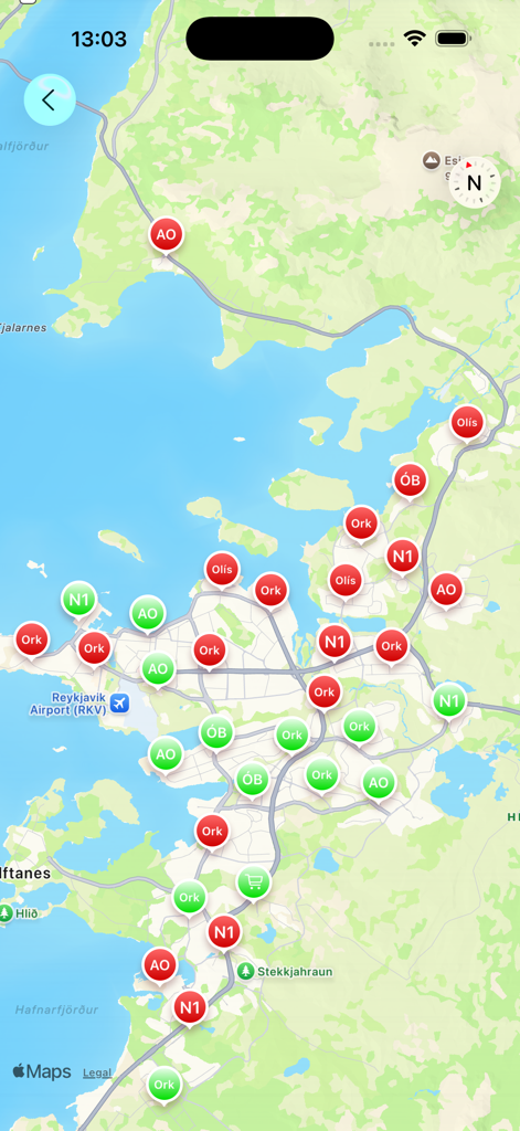 Bensin app map showing gas station locations and brands in Iceland