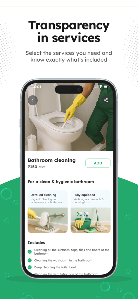 Pronto: House Help in 10 Mins - Smartphone display showing Pronto app bathroom cleaning service with transparent pricing and task list