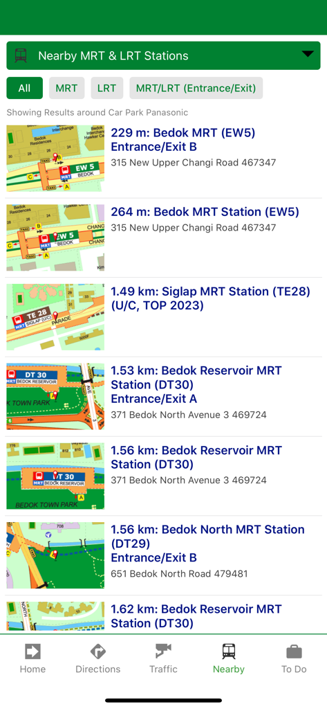 Singapore Maps - 距離と地図のサムネイルが表示された、近くのMRT（地下鉄）およびLRT（軽量鉄道）駅のリストを示すモバイルアプリのインターフェイス。
