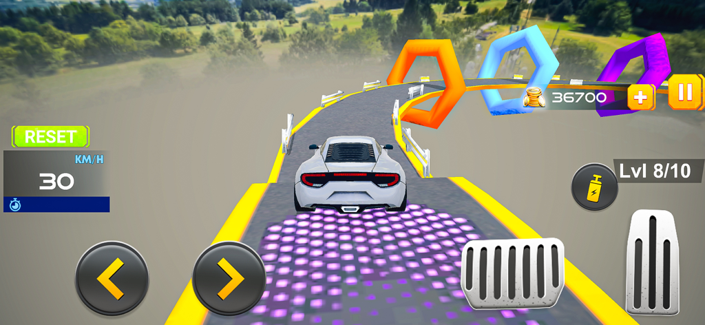 Motorcycles & Car Stunt Games - A white sports car driving on a sky high mega ramp towards colorful hexagonal rings.