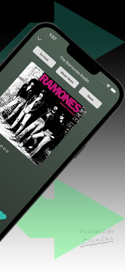 LiveOne Music - LiveOne Music app interface showing The Ramones Radio station with options for DJ host and music news