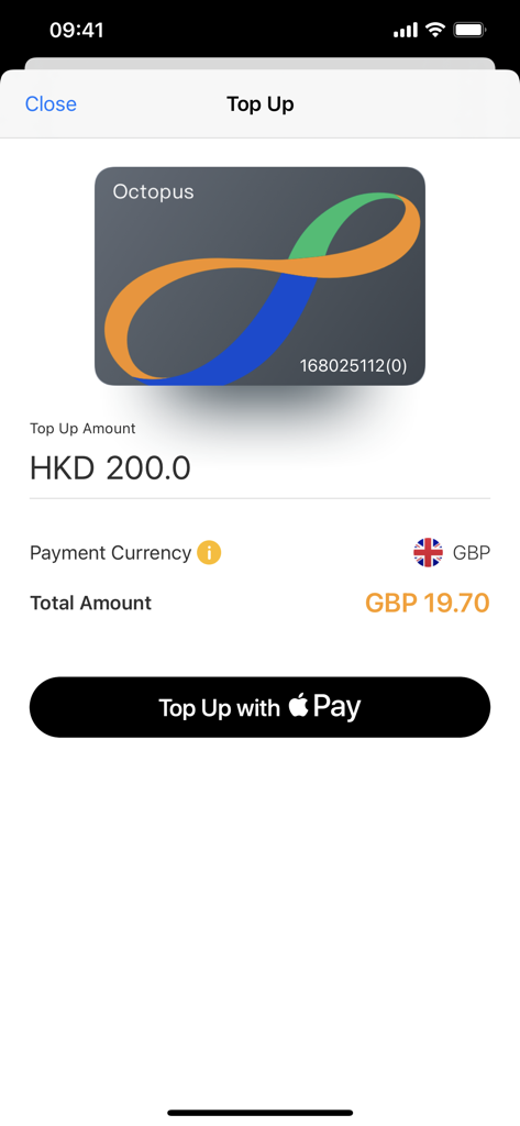 Octopus for Tourists - Top up screen of the Octopus for Tourists app showing a digital card and an Apple Pay payment button.