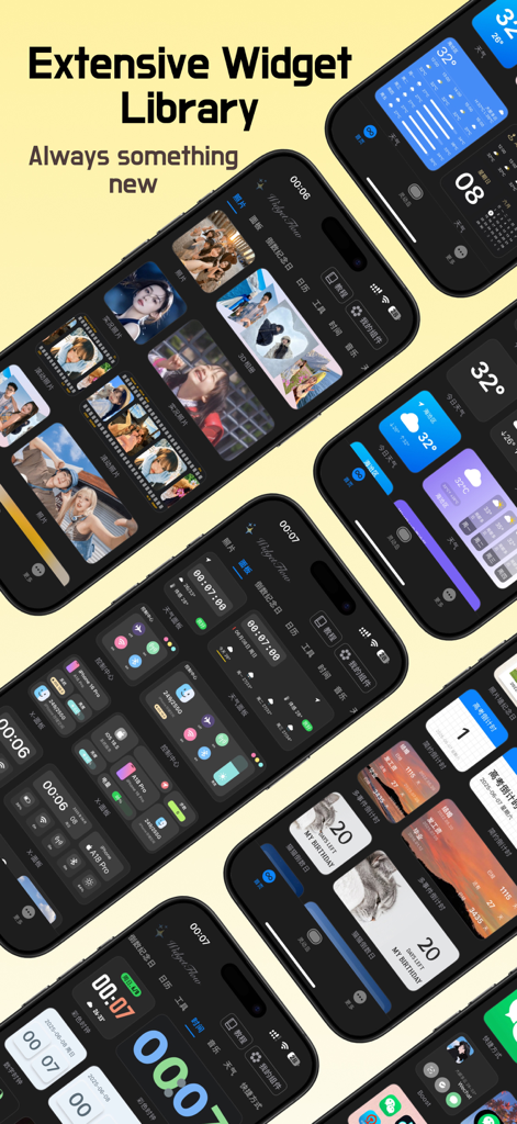 Widgets Flow - Collection of several iPhone screens showcasing various customizable widgets like photos, weather, system info, and countdowns from the Widgets Flow app.