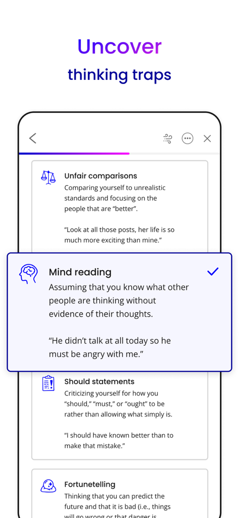 Unstuck: CBT Therapy Journal - Interface of the Unstuck app displaying common CBT thinking traps such as mind reading and unfair comparisons