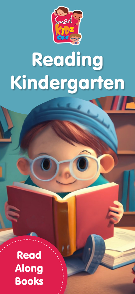 A child with glasses and a blue hat reading a red book in the Kindergarten Reading and Phonics app