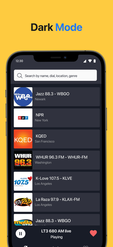 Radio‎‎ App Australia - Radio App Australia interface in dark mode showing a list of US radio stations
