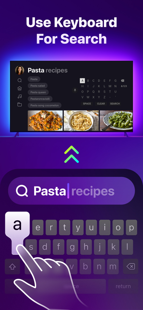 Total TV: Universal Remote - Una persona usando el teclado de la aplicación móvil para buscar recetas de pasta en un smart TV