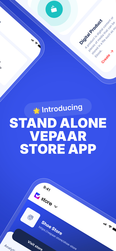 Introductory screen for the standalone Vepaar Store app showing digital product sales and store management features