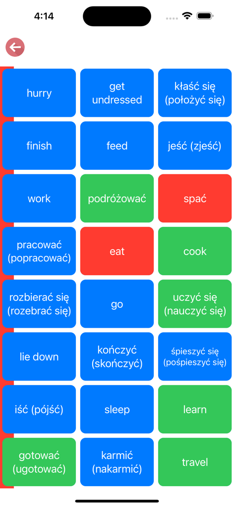 Polish Verb Blitzアプリのマッチングゲームのインターフェース。英語とポーランド語の動詞タイルがグリッドに表示されています。