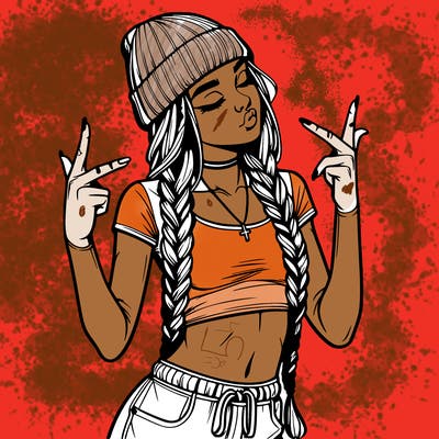 realistic teenage girl with braids and a beanie and crop top doing 🫶🏼