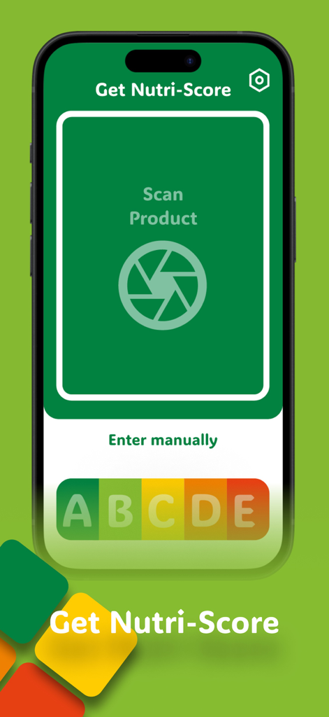 Interfaz de la aplicación móvil Nutri-UPF Score para escanear productos alimenticios y ver calificaciones nutricionales de la A a la E