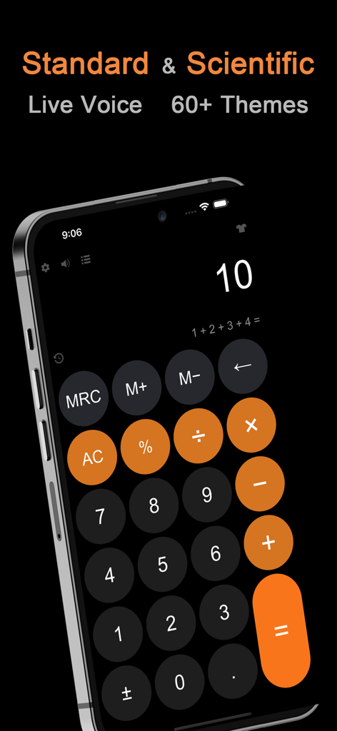 DayCalc - Note Calculator - DayCalc app interface on iPhone showing standard and scientific calculator features with a dark theme and orange buttons