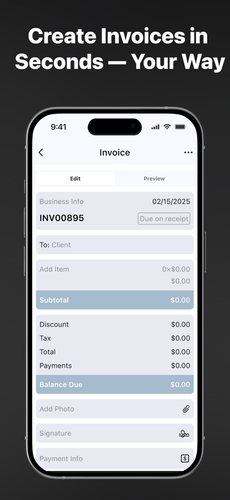 Tela de criação de fatura profissional na interface do aplicativo móvel Criador de Faturas