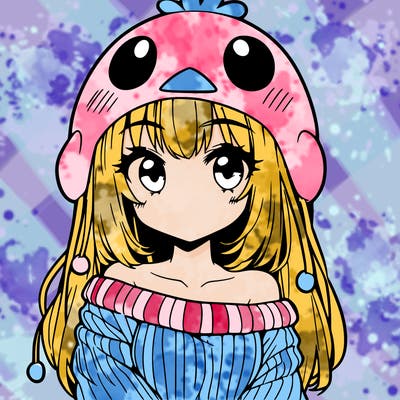 anime girl with chick shaped hat with sweater with bare shoulders with bangs covering them one eye with low tail