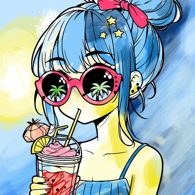 manga girl with hair bun, palm tree sunglasses and a smoothie in her hand