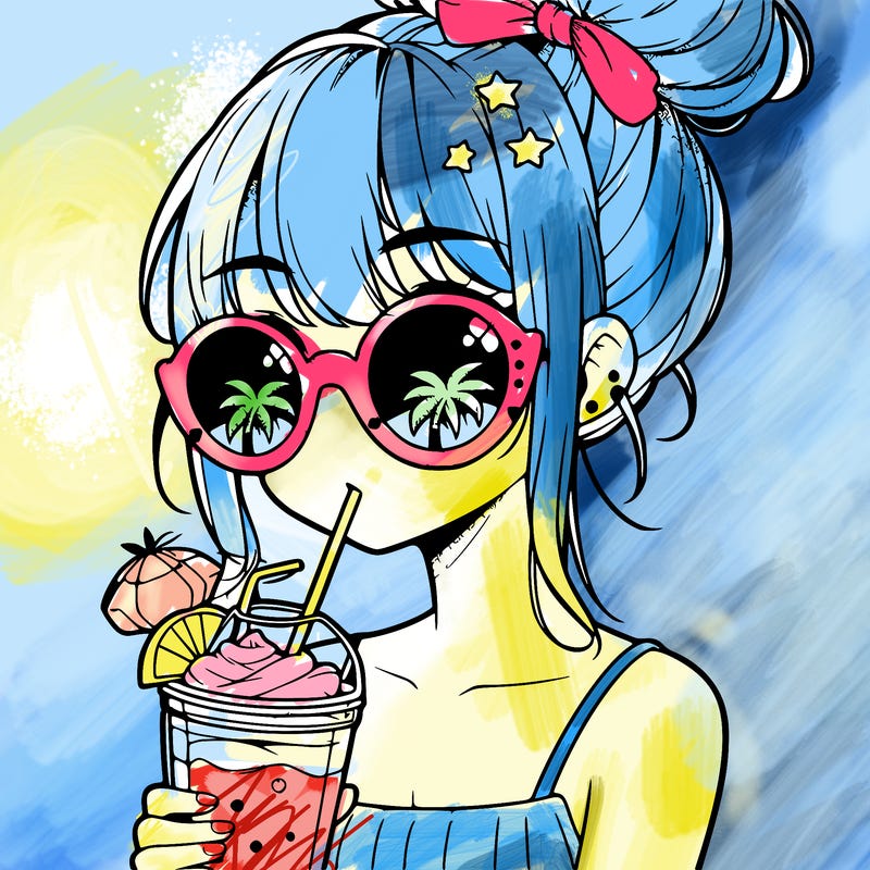 manga girl with hair bun, palm tree sunglasses and a smoothie in her hand