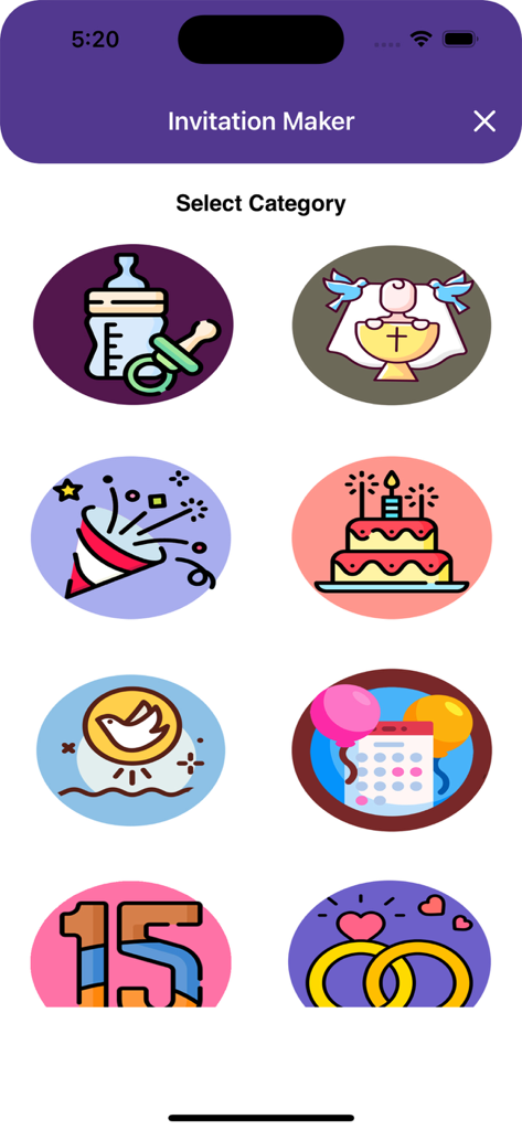 Category selection menu in the Digital Invitation Maker app showing icons for birthdays, weddings, and baby showers.