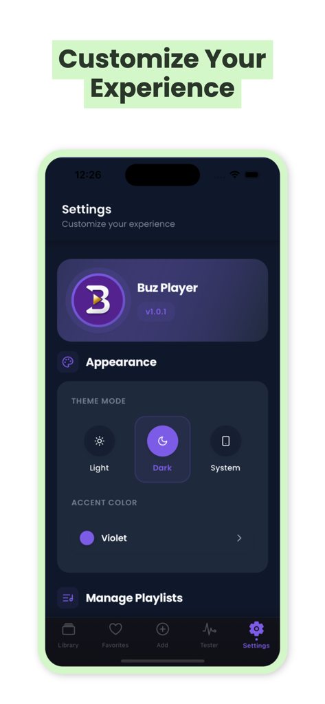 Buz Player settings screen showing appearance options like dark mode and accent color selection