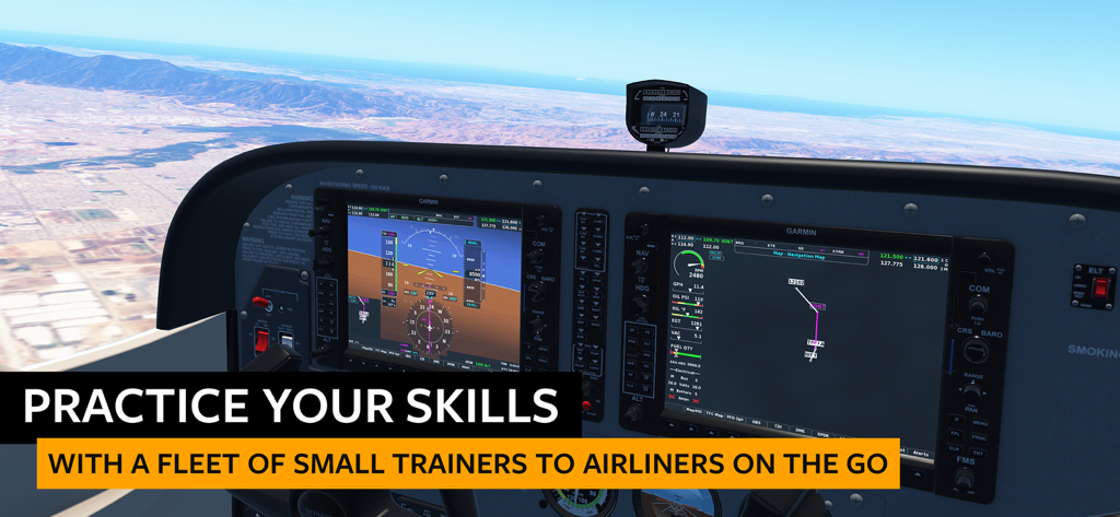 Cabina de cristal digital de un pequeño avión de entrenamiento volando sobre un paisaje desértico en Infinite Flight Simulator.