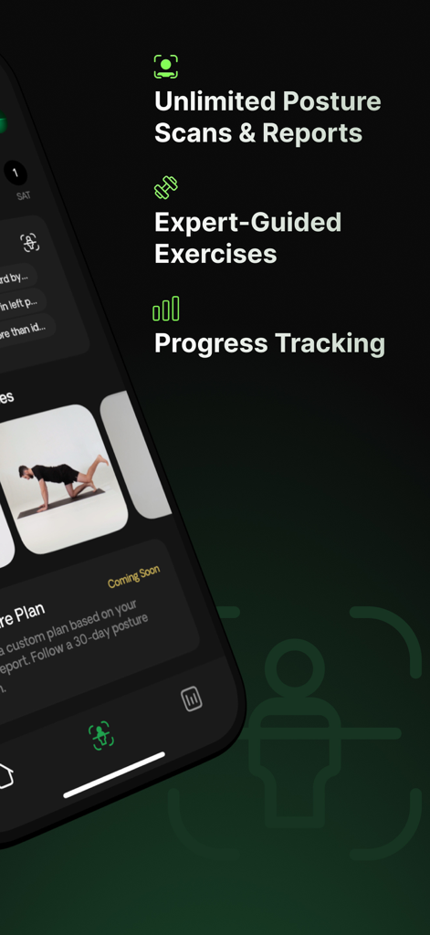 Posture AI: Correct My Posture - 無制限の姿勢スキャン、専門家によるガイダンス付きエクササイズ、進捗追跡を含む姿勢AIアプリの機能を示すインターフェース。