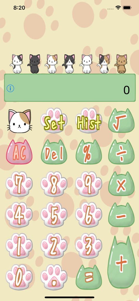 Interfaz de una linda aplicación de calculadora temática de gatos con botones en forma de pata y gatitos de dibujos animados