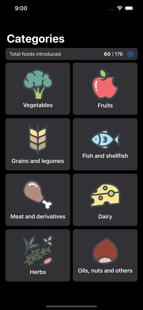 Baby Foods Tracker - A minimalist interface showing categories of food for babies including vegetables fruits grains and dairy with a progress tracker.