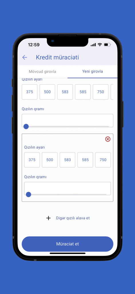 İnternational BOKT - IBOKT mobile app screen showing a gold loan application form with options to select gold purity and gram weight.