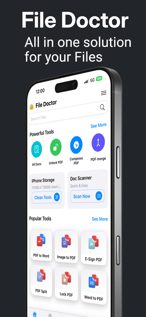 File Doctor - Interfaz de la aplicación File Doctor en iPhone que muestra herramientas de escáner de documentos, convertidor de PDF y limpiador de almacenamiento