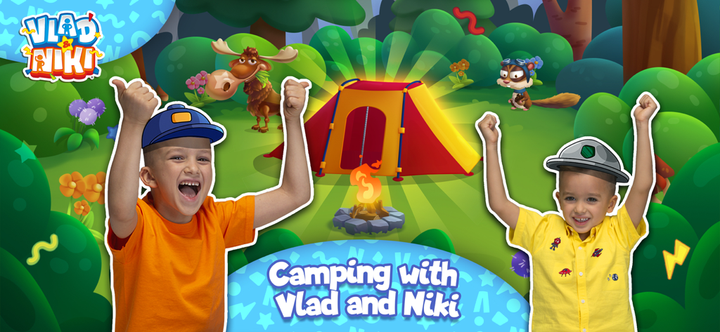 Vlad and Niki celebrating in front of a tent at their forest camping party
