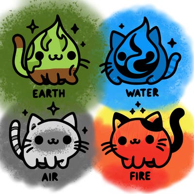 4 cats that represent the different elements, earth, water, air, and fire