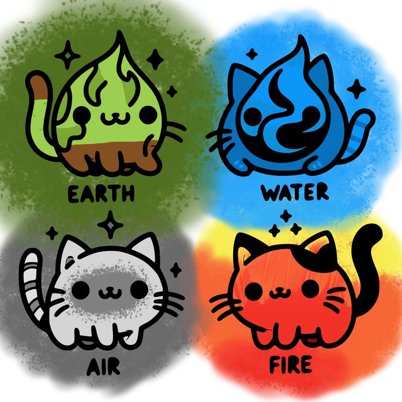 4 cats that represent the different elements, earth, water, air, and fire