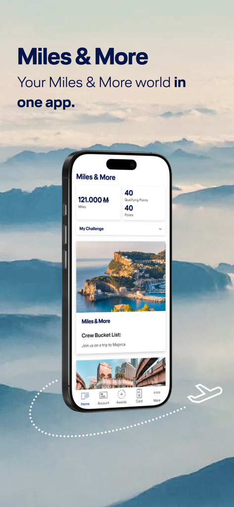 Miles & More - Pantalla de smartphone que muestra la aplicación Miles and More con el saldo de puntos y ofertas de viaje