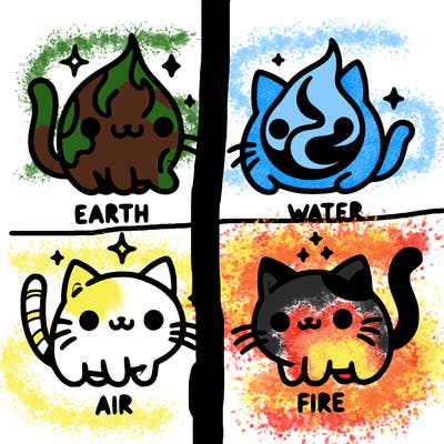 4 cats that represent the different elements, earth, water, air, and fire