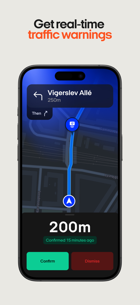 OOONO app screen displaying a real-time traffic warning and navigation map.