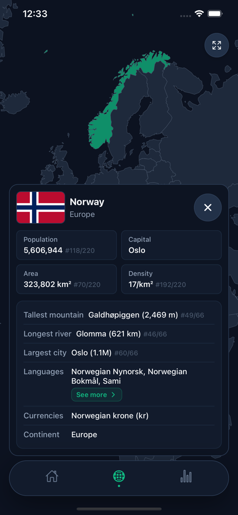 Detailed geography facts and map view of Norway in the GeoWiz app