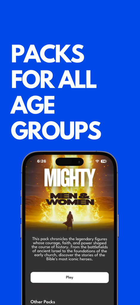 Bible Charades! - Screenshot of Bible Charades mobile app displaying the Mighty Men and Women card pack category