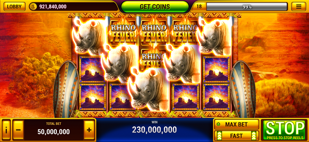Vegas Slots Casino ™ Slot Game - Juego de máquina tragaperras Rhino Fever mostrando una gran victoria