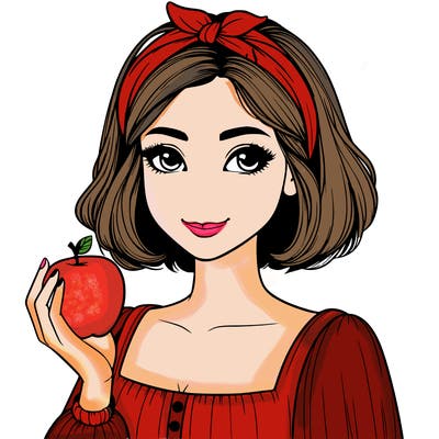 a woman with medium short hair, wearing a headband with a small bow, carrying an apple in her hand, realistic