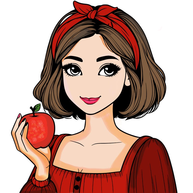 a woman with medium short hair, wearing a headband with a small bow, carrying an apple in her hand, realistic