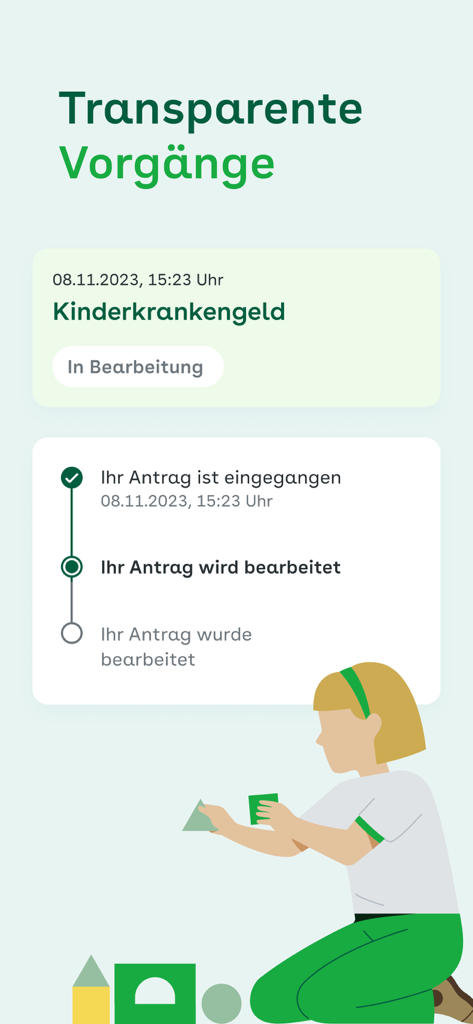 Meine AOK - Seguimiento del estado de una solicitud de beneficio por enfermedad infantil en la aplicación Meine AOK que muestra la etapa de procesamiento actual