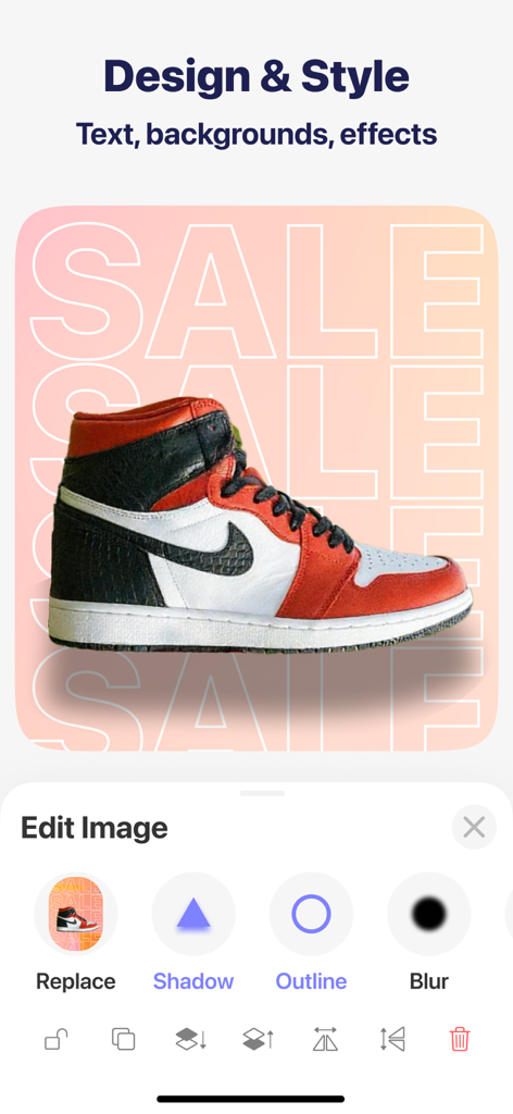 Remove BG Object Eraser - Snip - Mobile app interface of Snip showing a sneaker being edited with tools for shadows, outlines, and custom sale backgrounds.