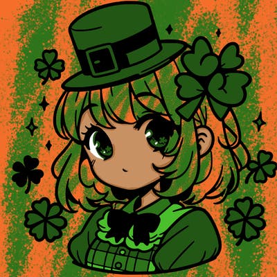 a manga-style girl with clovers around her, a little hat in her hair, like it's saint patrick's day