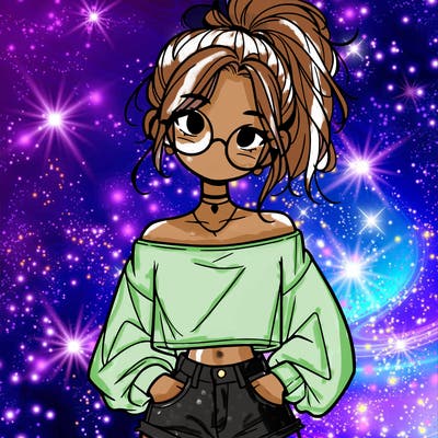 girl with a messy ponytail glasses a baggy crop top and jean shorts