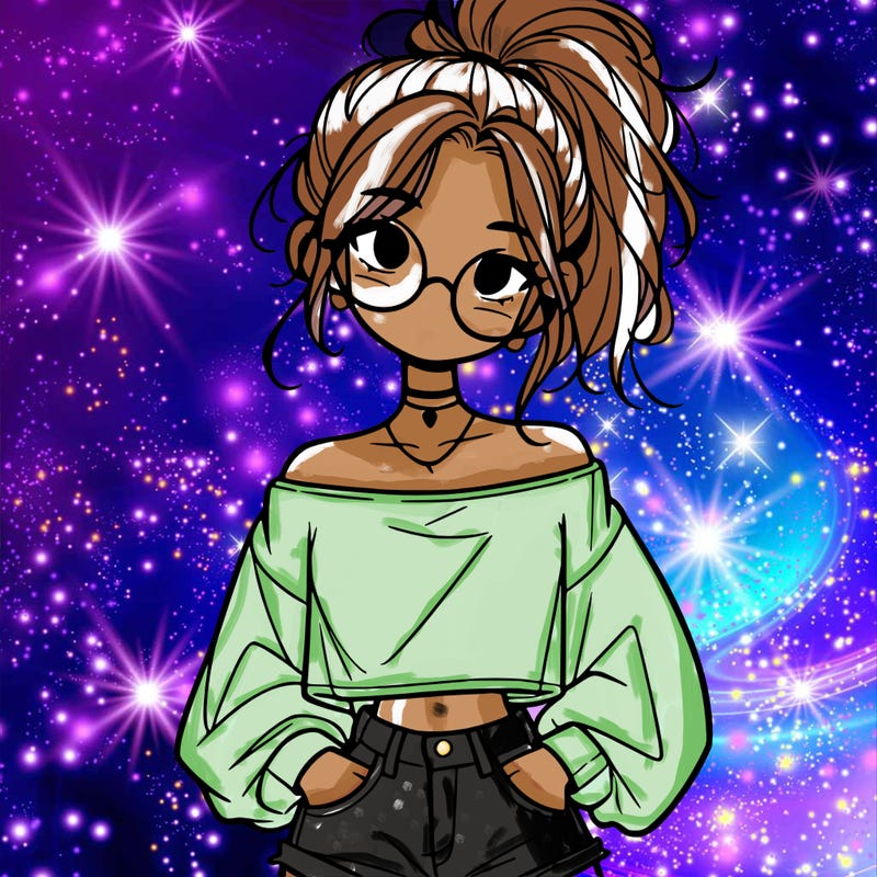 girl with a messy ponytail glasses a baggy crop top and jean shorts