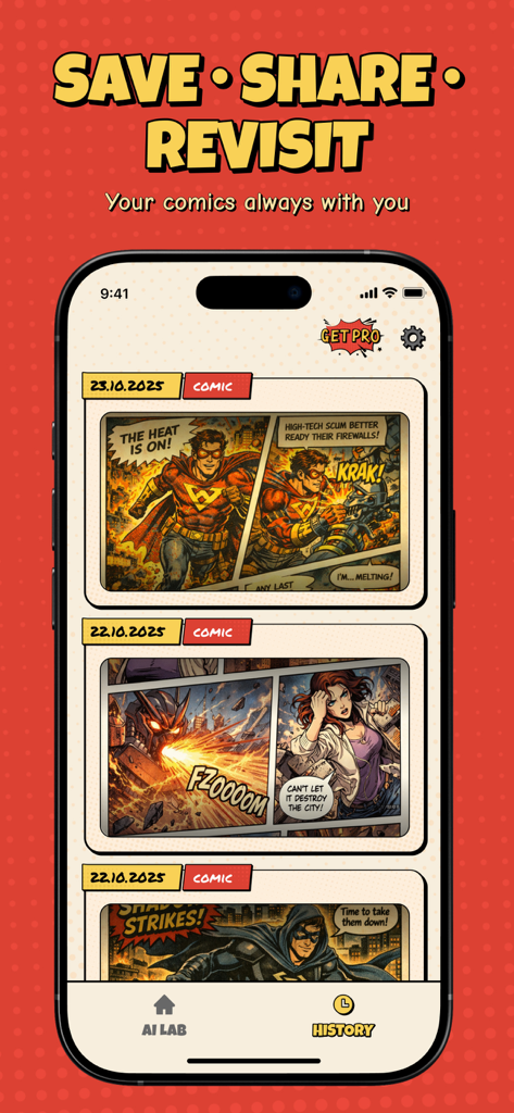 Comix AI: Photo to Comics - 저장된 만화 패널 컬렉션을 보여주는 Comix AI 앱의 히스토리 화면