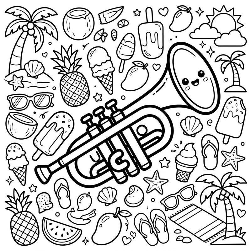 Dive into summer fun with this adorable kawaii trumpet coloring page! Featuring a cheerful musical instrument amidst a delightful array of beach essentials and tropical treats, it's perfect for a relaxing coloring escape.