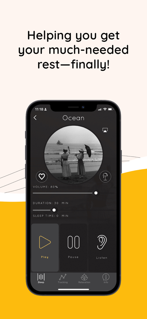 Sound Sleeper Baby White Noise - A smartphone displaying the Sound Sleeper app interface with the Ocean sound player and sleep tracking controls