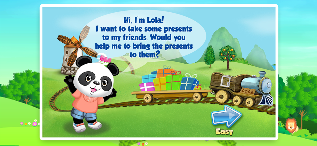 Lola's Alphabet Train ABC Game - Lola the Panda standing next to a train full of presents with an easy level start button.