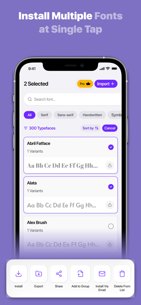 Fonts - Find, install any font - iPhone에서 일괄 설치를 위해 여러 글꼴이 선택된 것을 보여주는 모바일 앱 인터페이스